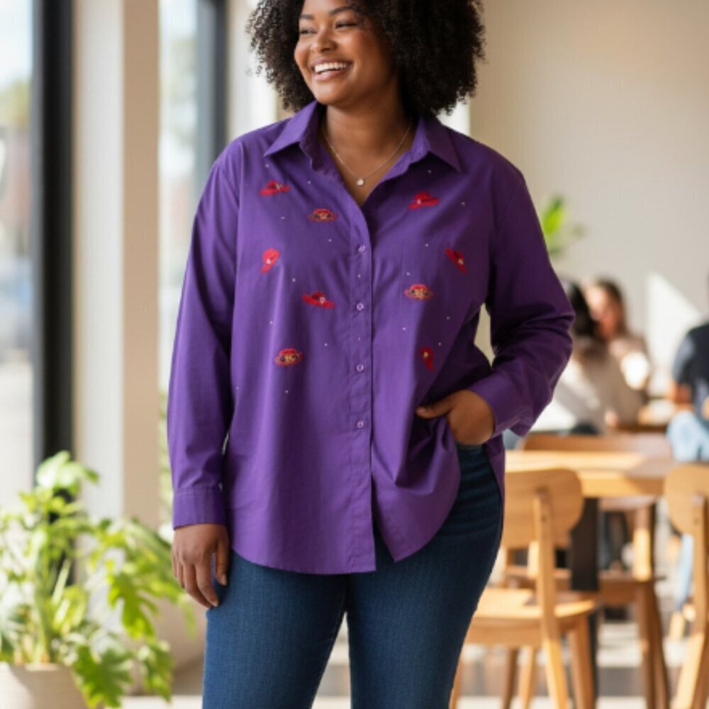 Lysa Jane Collection Button Up Down Shirt Hat Appliques XL Women's Purple Cotton